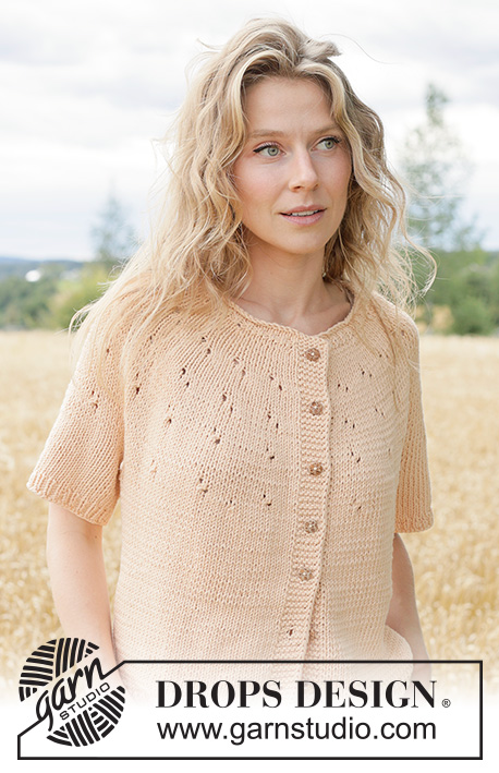 Peach Whisper Cardi / DROPS 268-21 - Chaqueta a punto con manga corta en DROPS Paris. La labor se trabaja de arriba abajo con borde enrollado, I-cord, canesú redondo y patrón de calados en el canesú. Talla XS – XXXL.