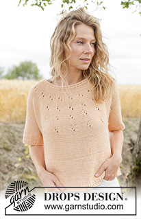 Peach Whisper Top / DROPS 268-22 - Jersey a punto con manga corta en DROPS Paris. La labor se trabaja de arriba abajo con borde enrollado, canesú redondo y patrón de calados en el canesú. Talla XS – XXXL