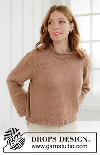 Toffee Glow Sweater / DROPS 268-27 - Ylhäältä alas neulottu pusero DROPS Paris-langasta. Työssä on sileää neuletta, eurooppalainen kaarroke, pieniä palmikoita ja rullareunus. Koot XS - XXXL.