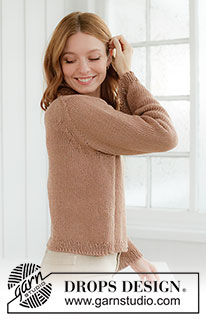 Toffee Glow Sweater / DROPS 268-27 - Ylhäältä alas neulottu pusero DROPS Paris-langasta. Työssä on sileää neuletta, eurooppalainen kaarroke, pieniä palmikoita ja rullareunus. Koot XS - XXXL.