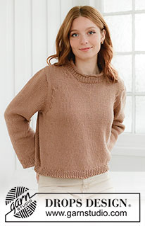Toffee Glow Sweater / DROPS 268-27 - Ylhäältä alas neulottu pusero DROPS Paris-langasta. Työssä on sileää neuletta, eurooppalainen kaarroke, pieniä palmikoita ja rullareunus. Koot XS - XXXL.