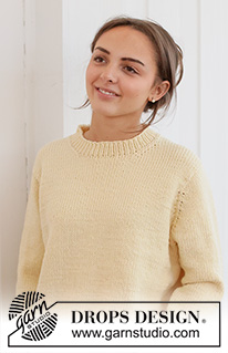 Shy Daffodil Sweater / DROPS 268-29 - Ylhäältä alas neulottu pusero DROPS Big Merino -langasta. Työssä on sileää neuletta, eurooppalainen kaarroke ja pieniä palmikoita. Koot XS - XXXL.