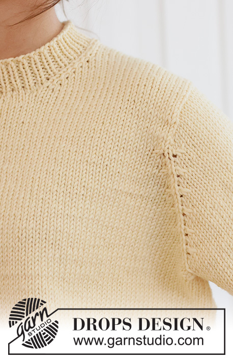 Shy Daffodil Sweater / DROPS 268-29 - Ylhäältä alas neulottu pusero DROPS Big Merino -langasta. Työssä on sileää neuletta, eurooppalainen kaarroke ja pieniä palmikoita. Koot XS - XXXL.
