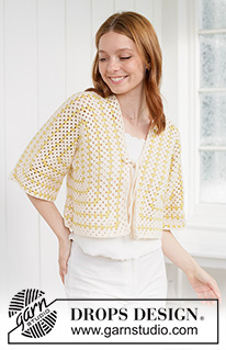 Sunny Labyrinth Cardigan / DROPS 268-30 - Heklet jakke med bestemorrute-mønster i DROPS Belle. Arbeidet hekles i 2 deler som har seks sider som et hexagon. Størrelse XS - XXXL.