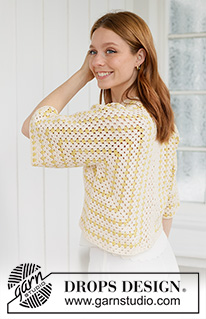 Sunny Labyrinth Cardigan / DROPS 268-30 - Heklet jakke med bestemorrute-mønster i DROPS Belle. Arbeidet hekles i 2 deler som har seks sider som et hexagon. Størrelse XS - XXXL.