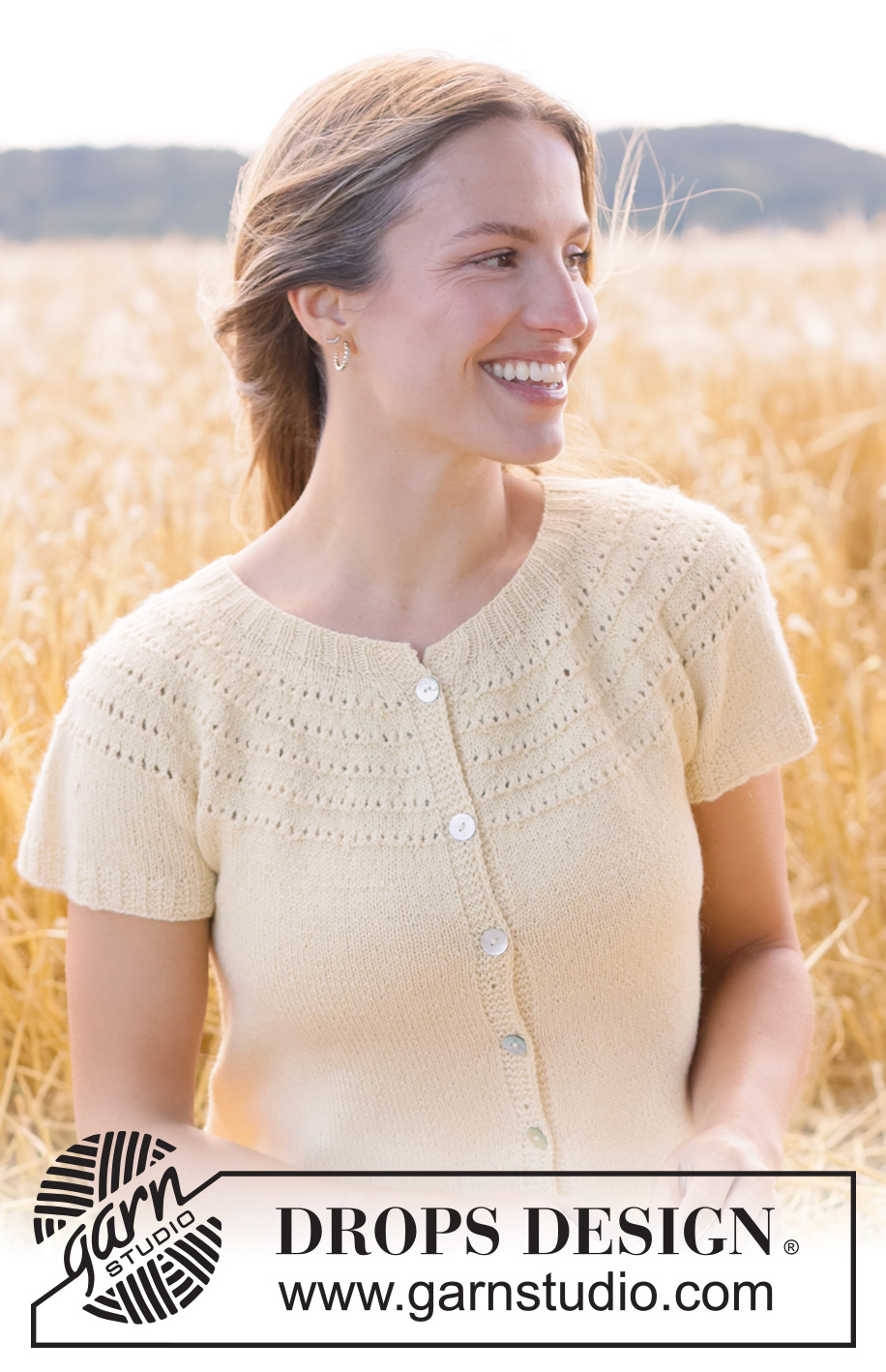 Spring Rings Cardi / DROPS 268-31 - Knitted jacket with short sleeves in DROPS Nord. Piece is knitted top down with round yoke and lace pattern in stripes on yoke. Size XS – XXXL.