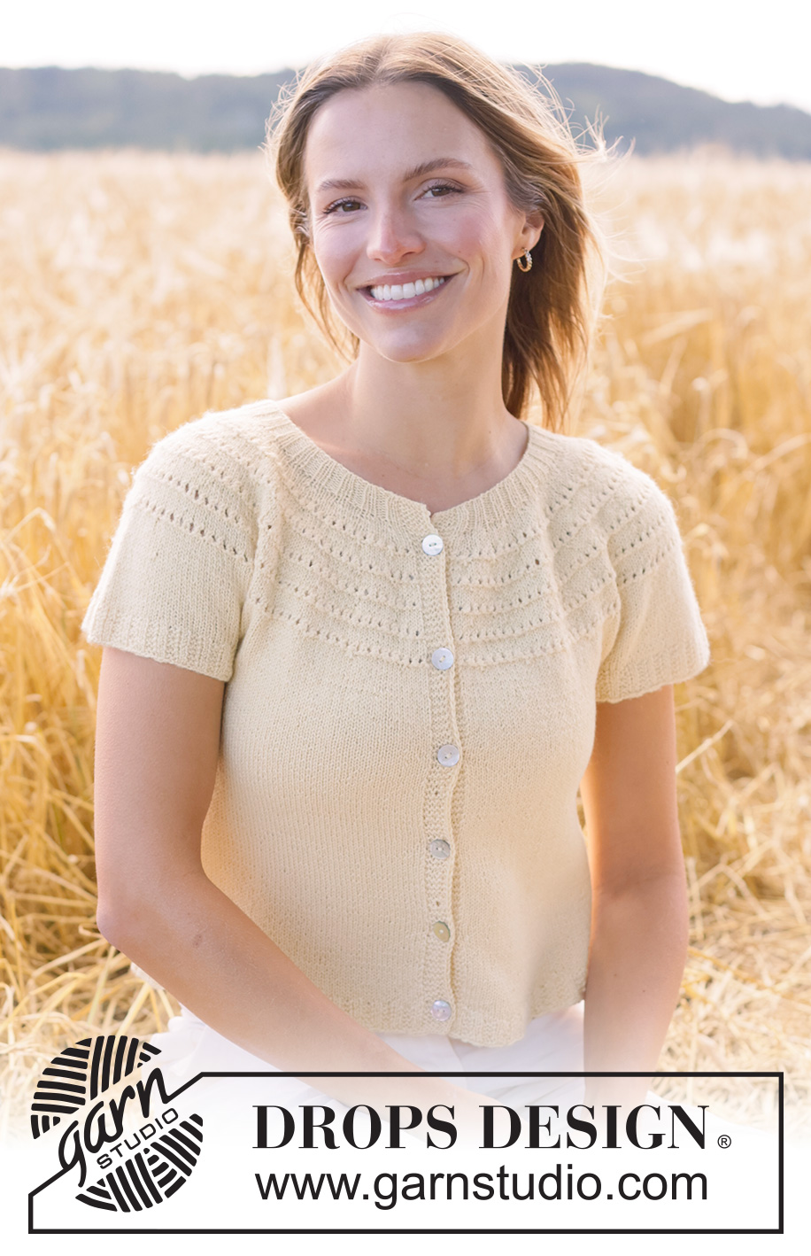 Spring Rings Cardi / DROPS 268-31 - Knitted jacket with short sleeves in DROPS Nord. Piece is knitted top down with round yoke and lace pattern in stripes on yoke. Size XS – XXXL.