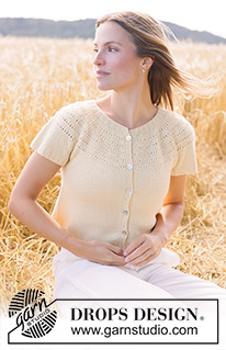 Spring Rings Cardi / DROPS 268-31 - Knitted jacket with short sleeves in DROPS Nord. Piece is knitted top down with round yoke and lace pattern in stripes on yoke. Size XS – XXXL.