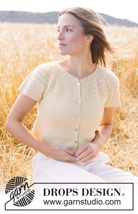 Spring Rings Cardi / DROPS 268-31 - Knitted jacket with short sleeves in DROPS Nord. Piece is knitted top down with round yoke and lace pattern in stripes on yoke. Size XS – XXXL.