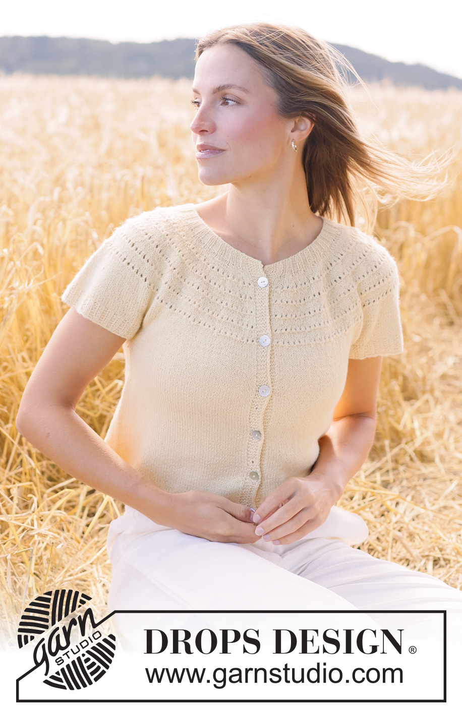 Spring Rings Cardi / DROPS 268-31 - Knitted jacket with short sleeves in DROPS Nord. Piece is knitted top down with round yoke and lace pattern in stripes on yoke. Size XS – XXXL.