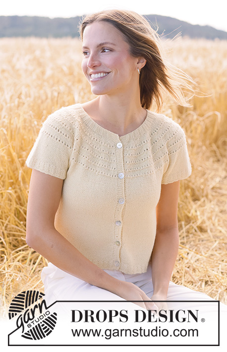 Spring Rings Cardi / DROPS 268-31 - Knitted jacket with short sleeves in DROPS Nord. Piece is knitted top down with round yoke and lace pattern in stripes on yoke. Size XS – XXXL.