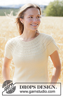 Spring Rings Top / DROPS 268-32 - Pull manches courtes tricoté en DROPS Nord. Se tricote de haut en bas avec empiècement arrondi en point ajouré. Du XS au XXXL.