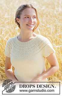 Spring Rings Top / DROPS 268-32 - Pull manches courtes tricoté en DROPS Nord. Se tricote de haut en bas avec empiècement arrondi en point ajouré. Du XS au XXXL.