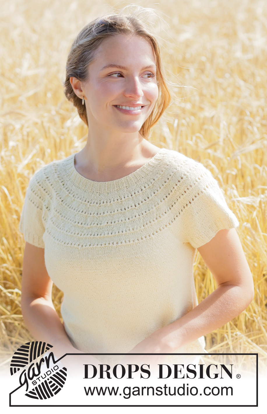 Spring Rings Top / DROPS 268-32 - Pull manches courtes tricoté en DROPS Nord. Se tricote de haut en bas avec empiècement arrondi en point ajouré. Du XS au XXXL.