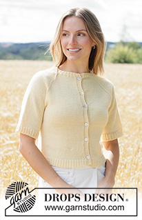 Golden Mist Cardigan / DROPS 268-35 - Prjónuð peysa úr DROPS Flora. Stykkið er prjónað ofan frá og niður í sléttprjóni með  laskalínu og stuttum ermum. Stærð XS - XXXL.			

