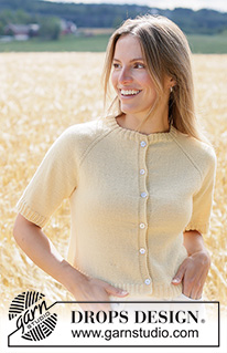 Golden Mist Cardigan / DROPS 268-35 - Prjónuð peysa úr DROPS Flora. Stykkið er prjónað ofan frá og niður í sléttprjóni með  laskalínu og stuttum ermum. Stærð XS - XXXL.			

