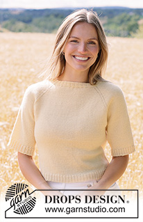 Golden Mist Tee / DROPS 268-36 - Prjónuð peysa úr DROPS Flora. Stykkið er prjónað ofan frá og niður í sléttprjóni með  laskalínu og stuttum ermum. Stærð XS - XXXL.