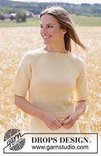 Golden Mist Tee / DROPS 268-36 - Prjónuð peysa úr DROPS Flora. Stykkið er prjónað ofan frá og niður í sléttprjóni með  laskalínu og stuttum ermum. Stærð XS - XXXL.