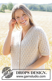 Perfectly Bee Cardigan / DROPS 268-4 - Knitted jacket with short sleeves in DROPS Sky and DROPS Kid-Silk. Piece is knitted top down with raglan, V-neck, I-cord and honeycomb pattern. Size XS – XXXL.