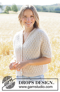 Perfectly Bee Cardigan / DROPS 268-4 - Knitted jacket with short sleeves in DROPS Sky and DROPS Kid-Silk. Piece is knitted top down with raglan, V-neck, I-cord and honeycomb pattern. Size XS – XXXL.