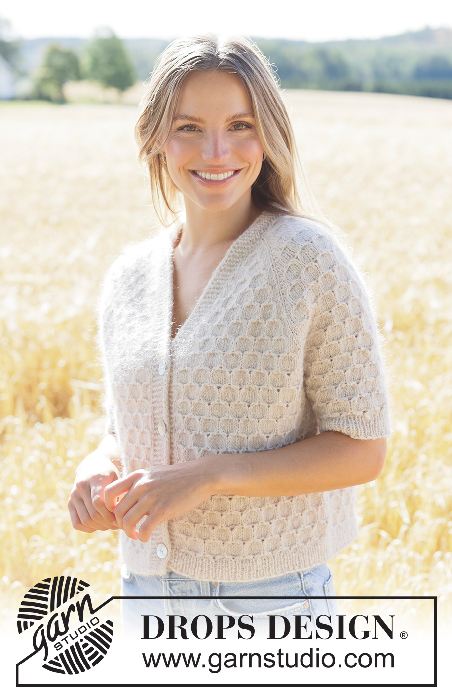 Perfectly Bee Cardigan / DROPS 268-4 - Knitted jacket with short sleeves in DROPS Sky and DROPS Kid-Silk. Piece is knitted top down with raglan, V-neck, I-cord and honeycomb pattern. Size XS – XXXL.
