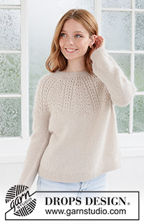 Meringe Bliss Sweater / DROPS 268-5 - Knitted jumper in DROPS Nord and DROPS Kid-Silk. Piece is knitted top down with round yoke and lace pattern. Size XS – XXXL.