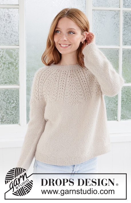 Meringe Bliss Sweater / DROPS 268-5 - Knitted jumper in DROPS Nord and DROPS Kid-Silk. Piece is knitted top down with round yoke and lace pattern. Size XS – XXXL.