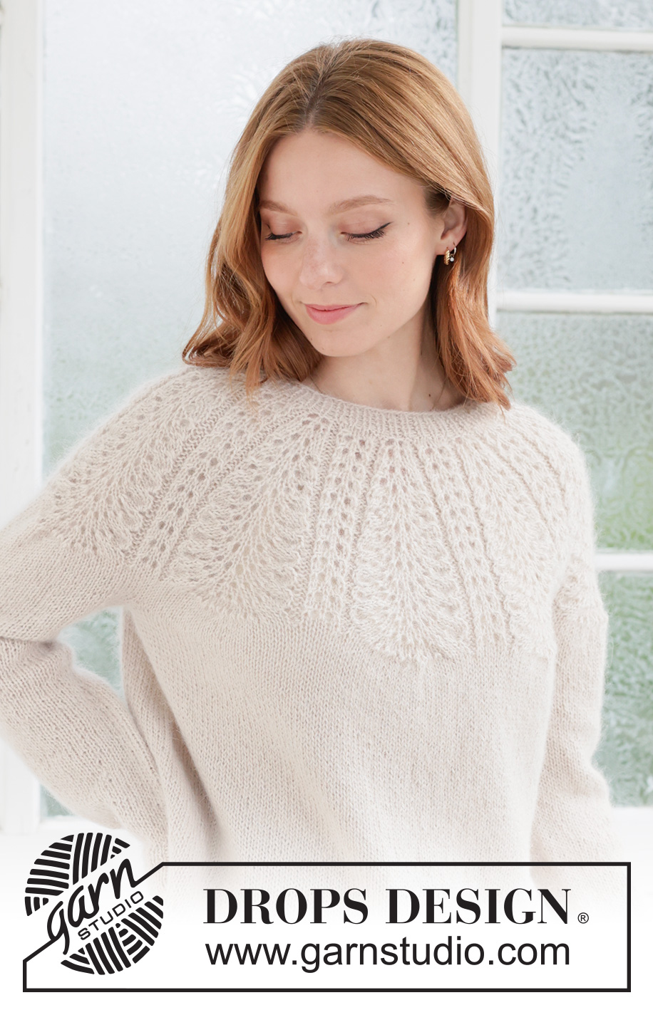 Meringe Bliss Sweater / DROPS 268-5 - Knitted jumper in DROPS Nord and DROPS Kid-Silk. Piece is knitted top down with round yoke and lace pattern. Size XS – XXXL.