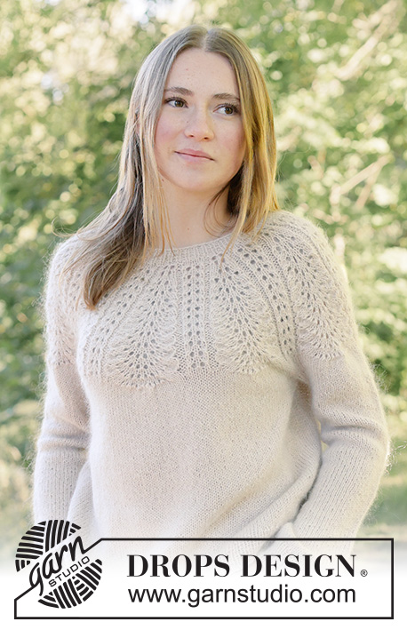 Meringe Bliss Sweater / DROPS 268-5 - Knitted jumper in DROPS Nord and DROPS Kid-Silk. Piece is knitted top down with round yoke and lace pattern. Size XS – XXXL.