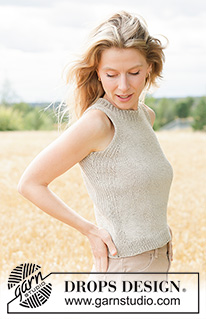Sand Whisper Top / DROPS 268-7 - 
Top de punto en DROPS Bomull-Lin. La pieza está tejida de arriba hacia abajo con resorte, punto jersey y I-cord. Tallas XS – XXXL.
