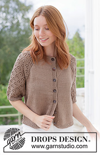 Tea Time Lace Cardi / DROPS 268-9 - Kötött kardigán DROPS Muskat fonalból. A darabot fentről lefelé irányban készítjük, raglán szabásvonallal, csipkemintával, zsinórkötéssel és rövid ujjakkal Méret: XS - XXXL