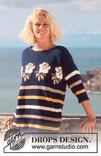 Rosarium / DROPS 34-1 - Drops short sleeved sweater with stripes and roses in “Paris” or “Muskat”