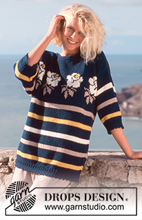 Rosarium / DROPS 34-1 - Drops short sleeved sweater with stripes and roses in “Paris” or “Muskat”