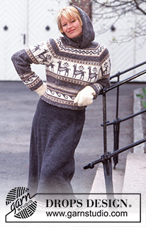 Dashing Through the Snow / DROPS 63-16 - Strikket bluse med raglan og hætte med nordisk mønster i DROPS Angora-Tweed eller Soft Tweed.  
Nederdel i Karisma og Vanter i Alaska.
