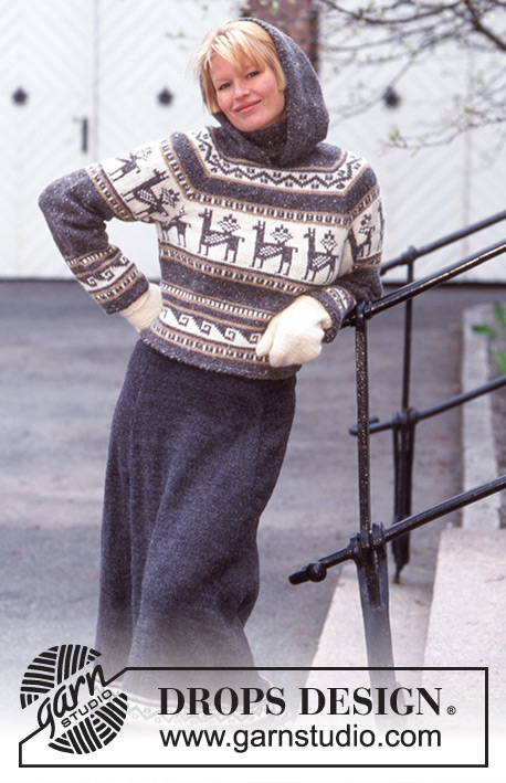 Dashing Through the Snow / DROPS 63-16 - Strikket bluse med raglan og hætte med nordisk mønster i DROPS Angora-Tweed eller Soft Tweed.  
Nederdel i Karisma og Vanter i Alaska.
