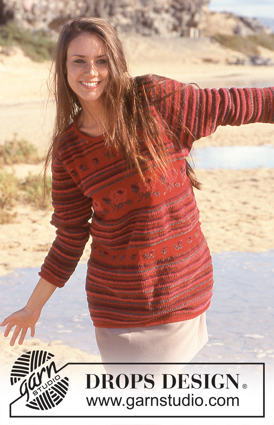 Cranberry Rose / DROPS 64-19 - DROPS Sweater in Tynn Chenille and Muskat with stripe- and rose patterns
