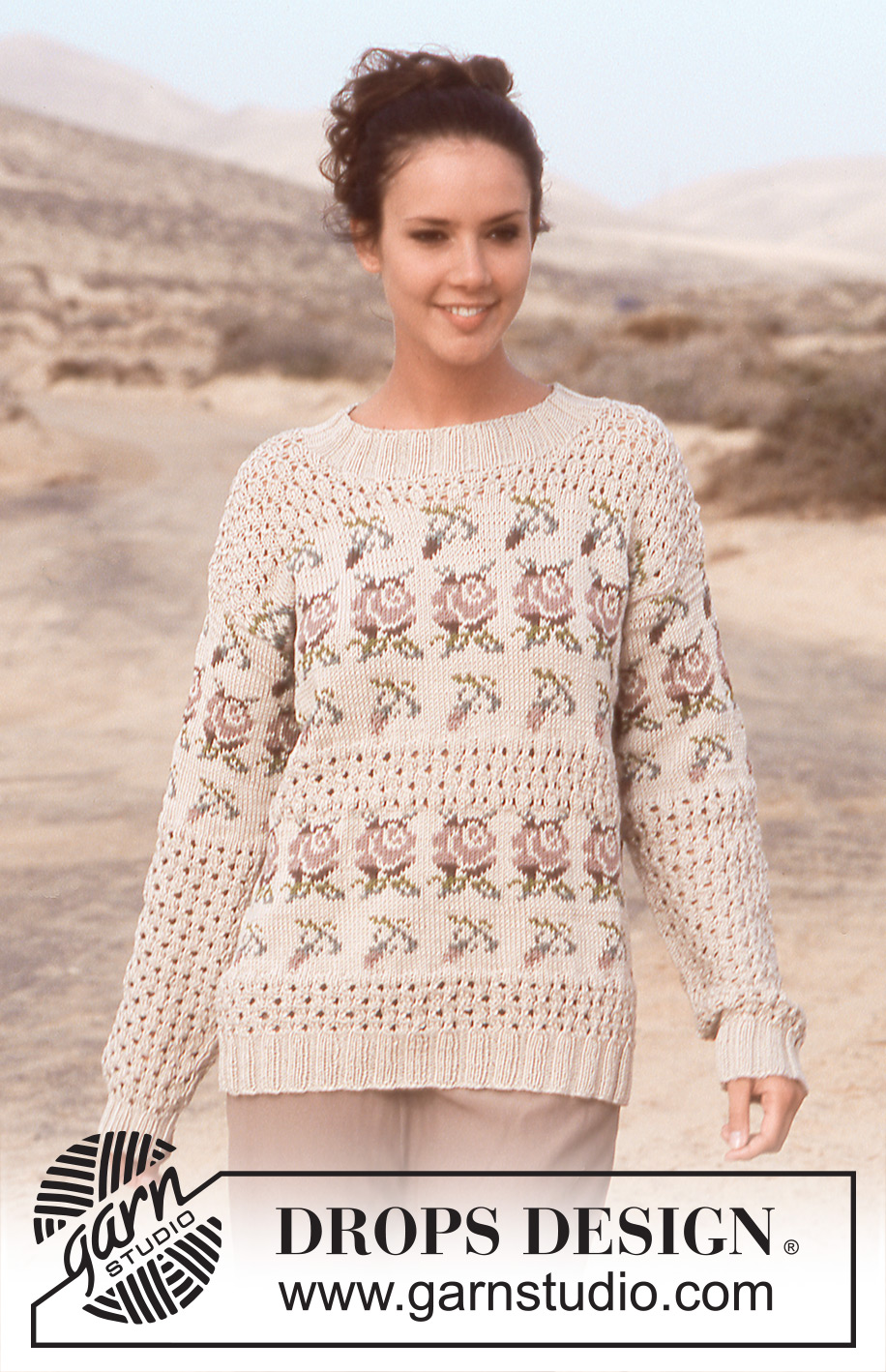 Rose Rhapsody / DROPS 64-3 - DROPS Sweater in Muskat with lace and rose pattern.