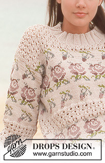 Rose Rhapsody / DROPS 64-3 - DROPS Sweater in Muskat with lace and rose pattern.