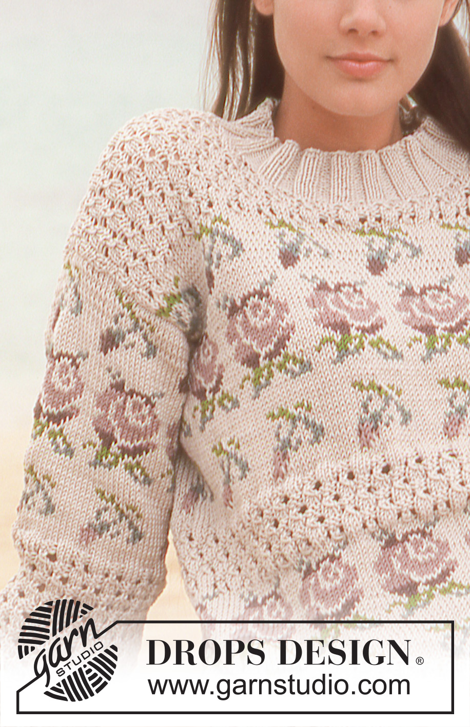Rose Rhapsody / DROPS 64-3 - DROPS Sweater in Muskat with lace and rose pattern.