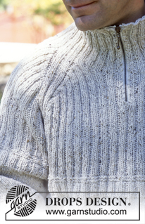 Villmark / DROPS 70-21 - DROPS Pullover for men in Angora-Tweed (with or without zipper).  Ribbed scarf in Vienna