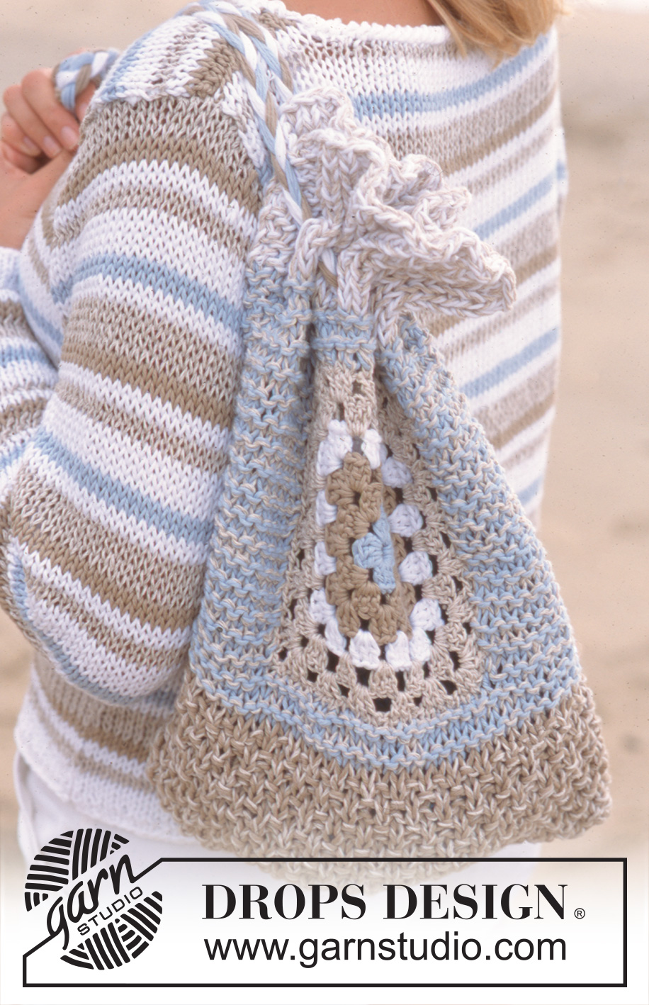 Phyllis bag / DROPS 77-28 - Knitted pouch bag with crochet square in DROPS Paris and DROPS Bomull-Lin