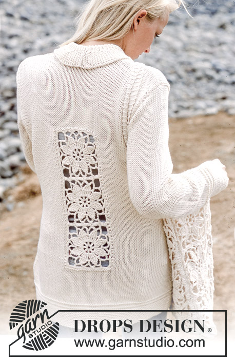 Destiny / DROPS 77-8 - Knitted jacket and bag/tote bag with crocheted flower pattern in DROPS Paris.