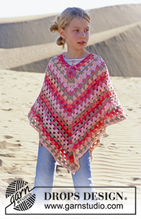 Little Sophie / DROPS 89-6 - Gehaakte DROPS Meisjes Poncho van Paris met bloem van Safran. Maat 5/7 tot 12/14 jaar.
