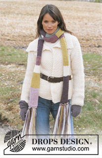 DROPS 92-2 - Cardigan de punto DROPS con punto arroz en “Snow”, bufanda de franjas con borlas en “Snow” y mitones en “Alpaca”.

