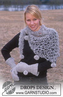 DROPS 93-21 - Shawl in Puddel with pompoms in Karisma Superwash.  Mittens in Karisma Superwash
