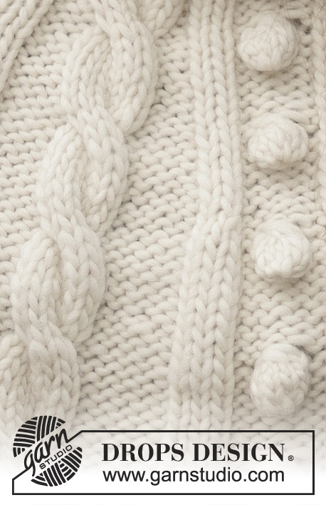 DROPS 98-37 - DROPS poncho, pulsvärmare och mössa med flätmönster i ”Snow”. Stl S-XXL 