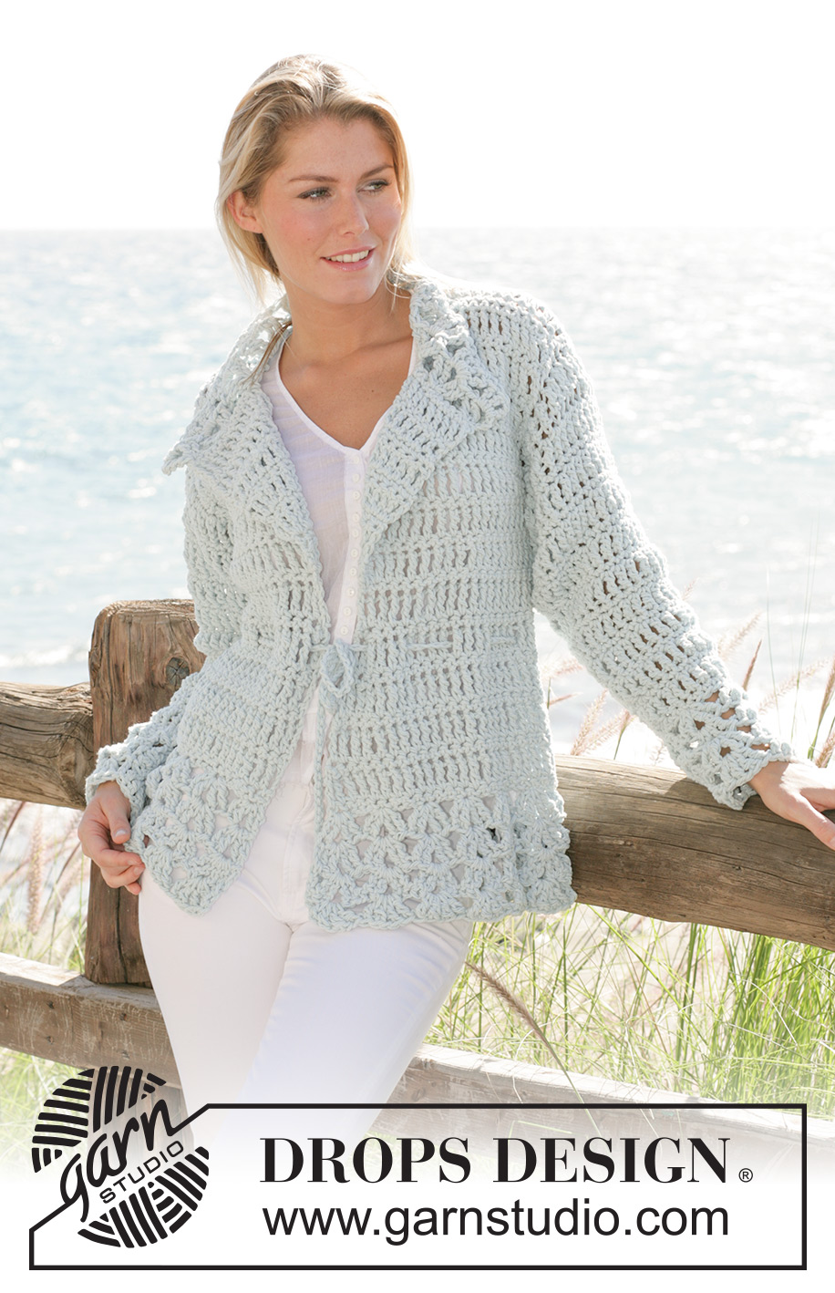 Britt Cardigan / DROPS 99-19 - DROPS crochet jacket in ”Ice” with dc-group pattern and stay in waist size S - XXL