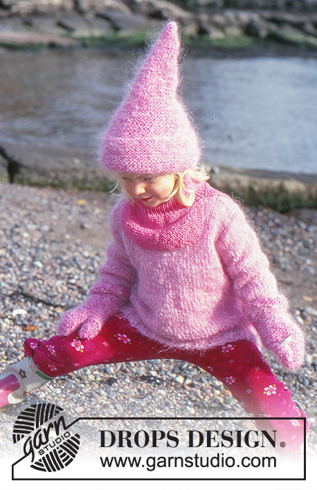Pink Pixie / DROPS Baby 10-15 - DROPS jumper in Vienna or Melody. Hat and mittens in Vienna and Baby-ull or Melody and Alpaca. Neck warmer in Karisma Superwash.
