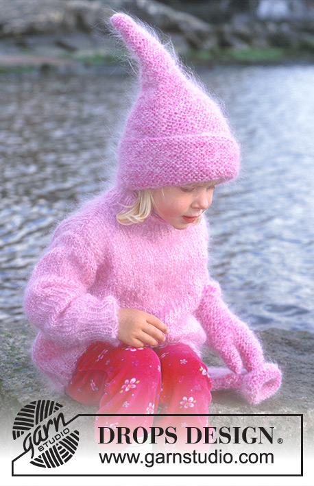 Pink Pixie / DROPS Baby 10-15 - DROPS jumper in Vienna or Melody. Hat and mittens in Vienna and Baby-ull or Melody and Alpaca. Neck warmer in Karisma Superwash.