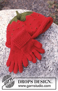 Berry Baby / DROPS Baby 10-23 - Stickat jordgubbsmössa i DROPS Karisma storlek 0/6mån - 8 år. Tröja i DROPS Vienna, storlek 2-8 år och vantar i DROPS Karisma storlek 2-8 år.